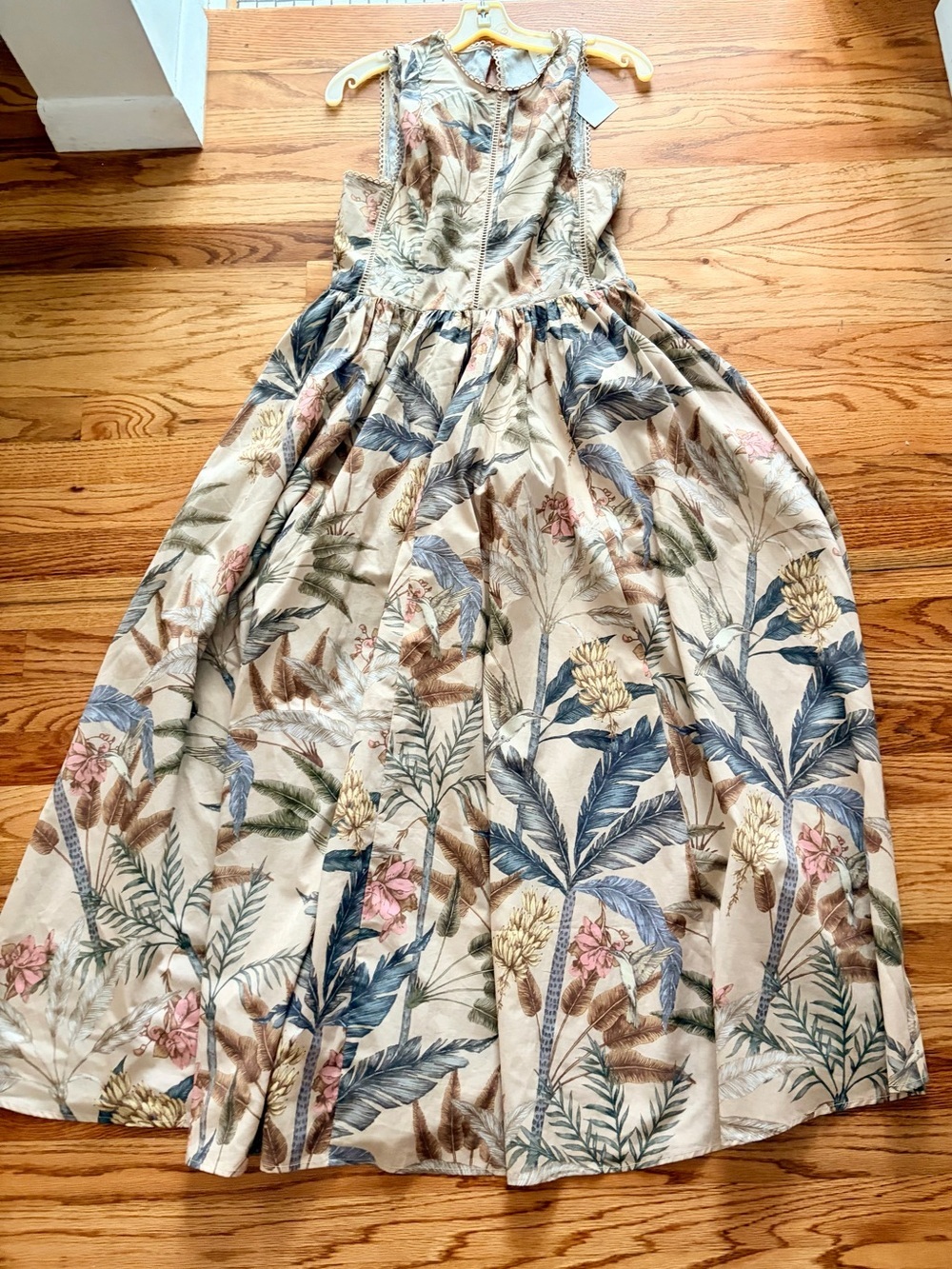 NWT H&M Maxi Dress with Blue, Green and Pink Botanical Print. Lace trim.